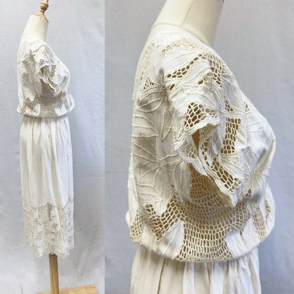 Lassy Doll white Rayon & crochet detail button up blouson midi dress size large - Picture 2 of 16